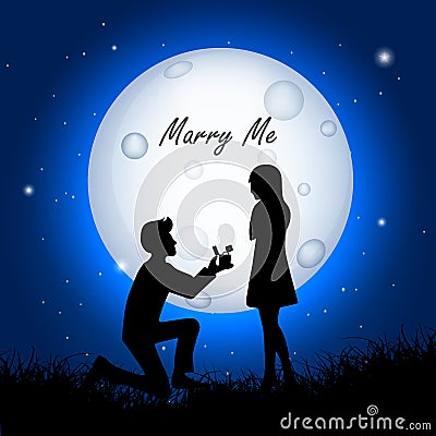 Marry me design isolated in starry night background. man proposes woman for marriage with moon background. Moon night background Vector Illustration