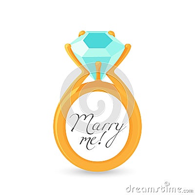 Marry me sign and gold engagement ring with diamond Vector Illustration