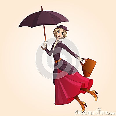 Marry Poppins flying on umbrella Vector Illustration