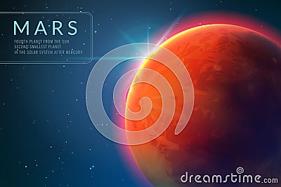 Mars background. Red planet with texture in outer space. Rising sun and mars landscape vector 3d concept Vector Illustration