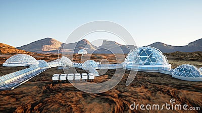Mars base, colony. Expedition on alien planet. Aerial view. Geo capsyles. Life on Mars. 3d rendering. Stock Photo