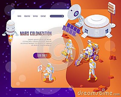 Mars colonization Landing Page isometric icons on isolated background Vector Illustration