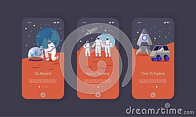Mars Colonization Mobile App Page Onboard Screen Template. Astronauts Family Characters on Red Planet Surface Vector Illustration