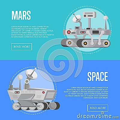 Mars exploration flyers with research rovers Vector Illustration