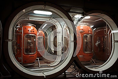 mars habitat airlock chamber with space suits hanging Stock Photo