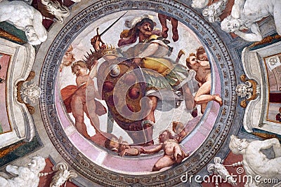 Mars holds the Medici coat of arms between putti fresco by Bernardino Poccetti Ospedale degli Innocenti, Florence, Italy Stock Photo