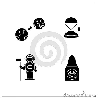 Mars landing glyph icons set Vector Illustration