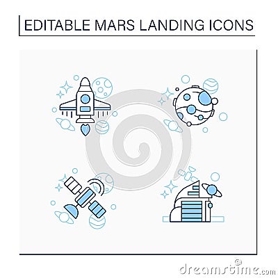 Mars landing line icons set Vector Illustration