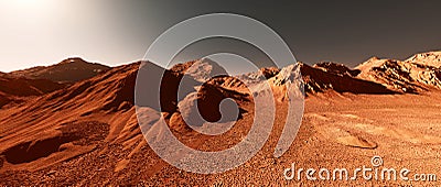 Mars landscape, 3d render of imaginary mars planet terrain, science fiction background Cartoon Illustration