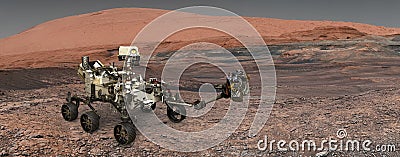 Mars. The Perseverance rover deploys its equipment against the backdrop of a true Martian landscape. Exploring Mission To Mars. Stock Photo