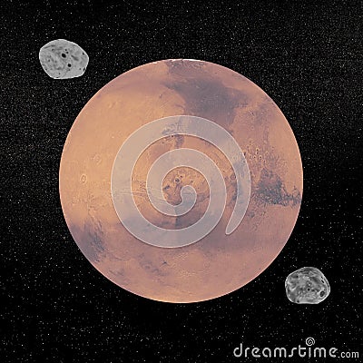 Mars planet and Deimos and Phobos satellites - 3D render Stock Photo