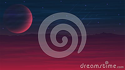 Mars purple, dark and blue space landscape with a large planet, starry sky, meteors and and hilly terrain Vector Illustration