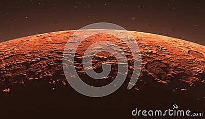 Mars - the red planet. Martian surface and dust in the atmosphere. Cartoon Illustration