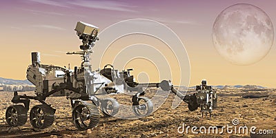 Mars rover with a beautiful planet in the background, exploration of mars. Elements of this image furnished by NASA Stock Photo