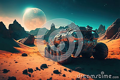 Mars rover during mission, futuristic space vehicle on alien planet surface, generative AI Stock Photo