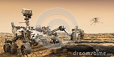 Mars Rover Perseverance and ingenuity helicopter drone.Elements of this image furnished by NASA 3D illustration Cartoon Illustration