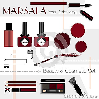 Marsala color Beauty & Cosmetic icons set Vector Illustration