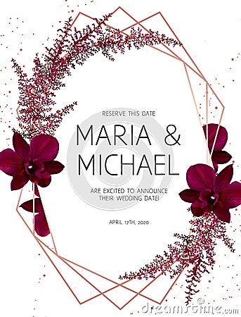 Marsala colored dark exotic orchid, burgundy red astilbe Vector Illustration