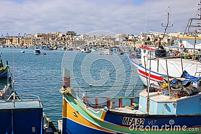 Marsaxlokk village fisherman boats, Malta Stock Photo