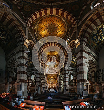 People visit Notre Dame de la Garde basilica, interior panorama Editorial Stock Photo