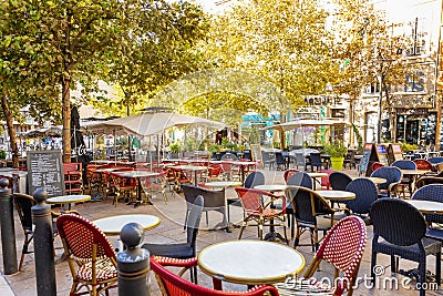 Marseille, France, 10/07/2019: Street cafe on a large square in a European city Editorial Stock Photo