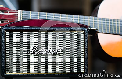 Marshall speaker closeup with acoustic guitar background Editorial Stock Photo