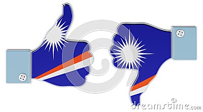 Marshallese flag painted on the hand with thumb up and thumb down. Like and dislike in Marshall Islands, concept. 3D rendering Stock Photo