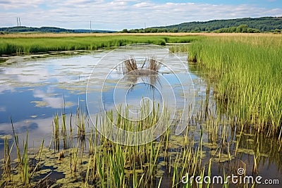 marshland reserve with reeds, water, and patches of greenery Stock Photo