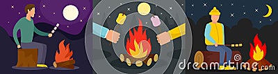 Marshmallow bonfire banner concept set, flat style Cartoon Illustration