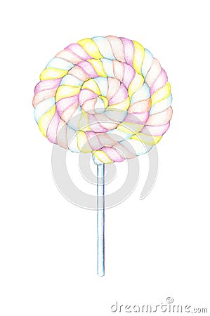 Marshmallow candy on stick color pencils illustration. Isolated candy stick in soft pastel colors. Cartoon Illustration
