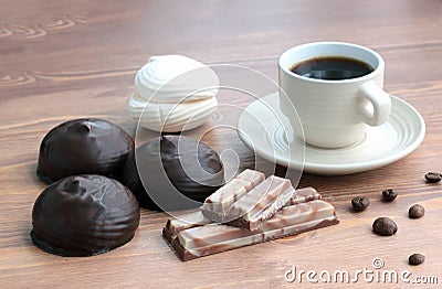 Marshmallow in chocolate and creamy marshmallow with chocolate and hot coffee. Stock Photo