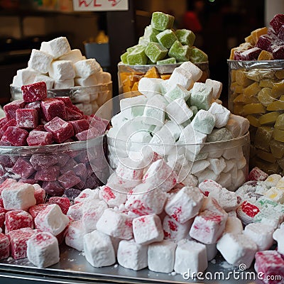 Marshmallow cube candies lie on shop window ready for sale. Heaps of pink, white, red, orange, green sweets in candy Stock Photo