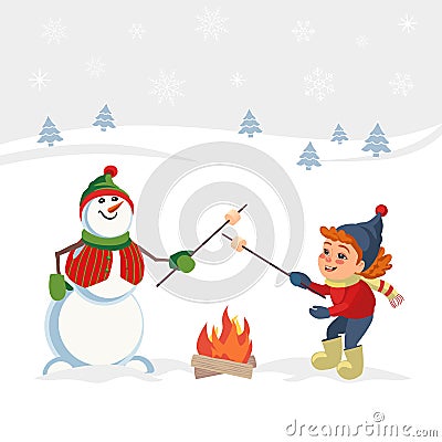 Marshmallow roast on winter campfire vector poster Vector Illustration