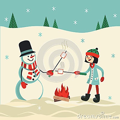 Marshmallow roast on winter campfire vector poster Vector Illustration