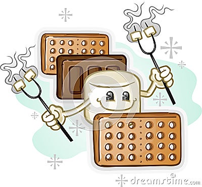 Marshmallow Smores Cartoon Character holding Roasting Sticks Vector Illustration