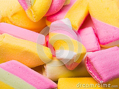 Marshmallow and souffles. Pink,white,and yellow candy. Closeup Top view Stock Photo