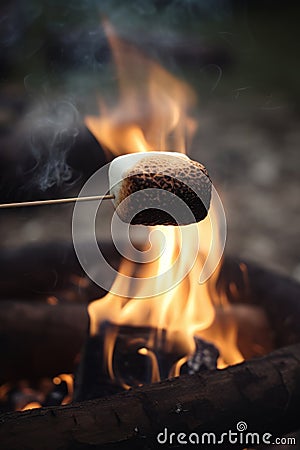 Marshmallow on a stick being roasted over a camping fire AI generated Stock Photo