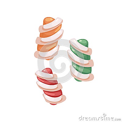 Marshmallow twist candies. Soft puffy sweets. Swirl sugar dessert. Assorted fruit flavored gummy confectionery Vector Illustration