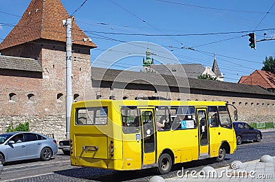 Yellow mini bus on the streets of Lviv in Ukraine Editorial Stock Photo