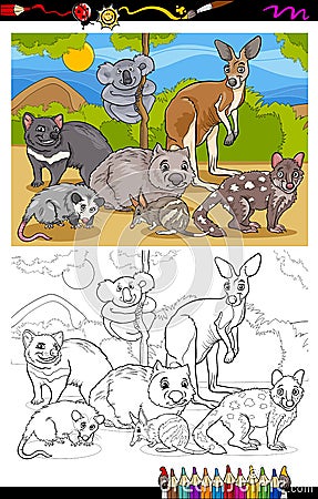 Marsupials animals cartoon coloring book Vector Illustration
