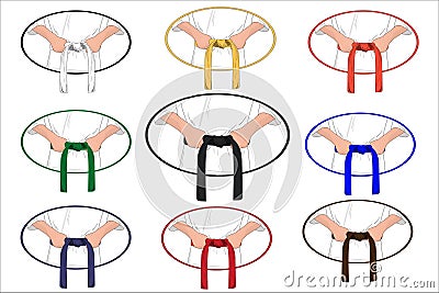 Martial arts belts with different rank colors. Set of vector karate, taekwondo, judo, jujitsu, kickboxing or kung fu belts Vector Illustration