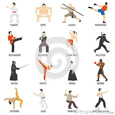 Martial Arts Decorative Flat Icons Set Vector Illustration