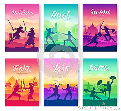 Martial arts of different Nations of the world. Traditional fights with weapons brochure cards set. Fighting style Vector Illustration