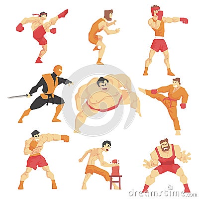 Martial Arts Fighters Demonstrating Different Technique Kicks Set Of Asian Fighting Sports Professional In Traditional Vector Illustration