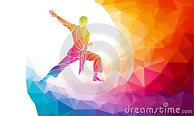 Martial arts jump kick color rainbow silhouette. Karate fighter Vector Illustration