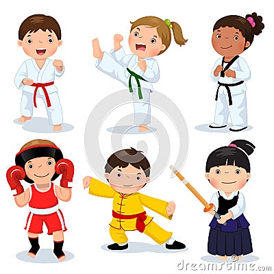 Martial arts kids. Children fighting, judo, taekwondo, karate, k Vector Illustration