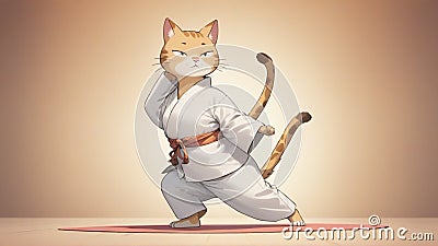 Martial Arts Master Cat in Karate Gi Stance Generative AI Cartoon Illustration