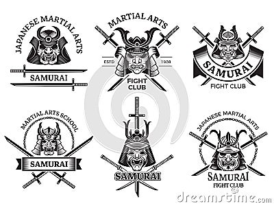 Martial asian labels. Samurai agressive warrior masks and sword katana vector labels logo or tattoo designs Vector Illustration