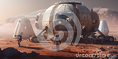 Martian base with habitation modules and scientific equipment with astronauts walking on the planet mars Stock Photo