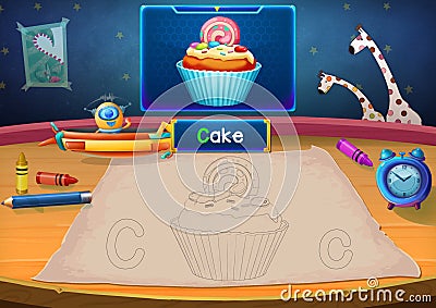 Martian Class: C - Cake. Hello, I'm Little Martian. I just open a class for all Martians to learn English. Will you join us? Stock Photo